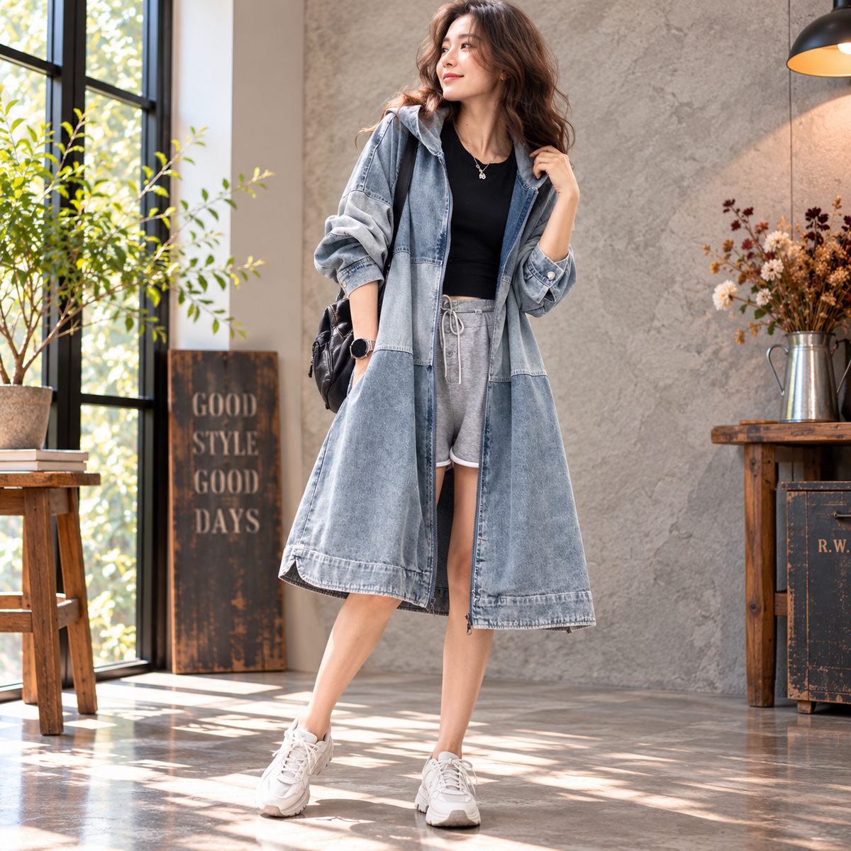 Bicolor hooded denim jacket D0080