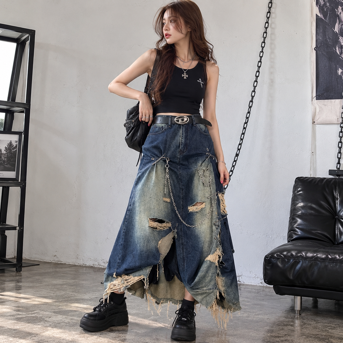 Safety pin design Denim skirt D0058