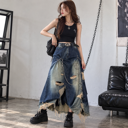 Safety pin design Denim skirt D0058