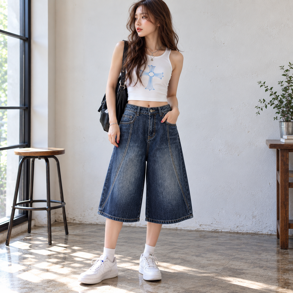 Wide leg denim capris D0196