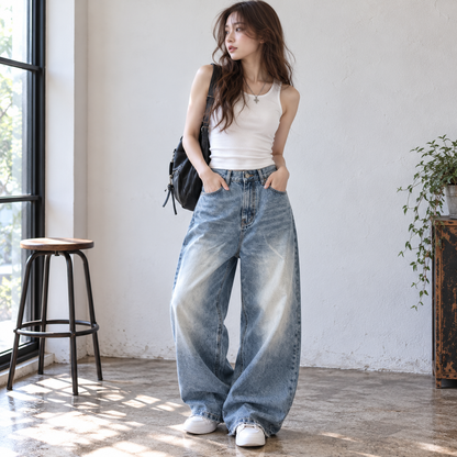 Wide leg washed denim jeans D0197