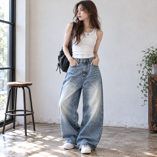 Wide leg washed denim jeans D0197