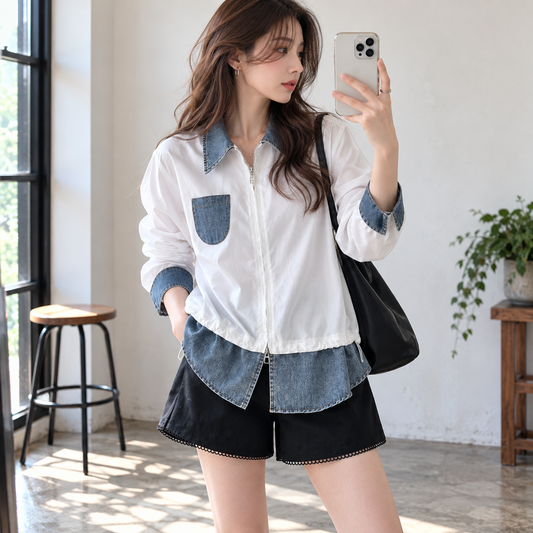 Faux-layered denim top D0290