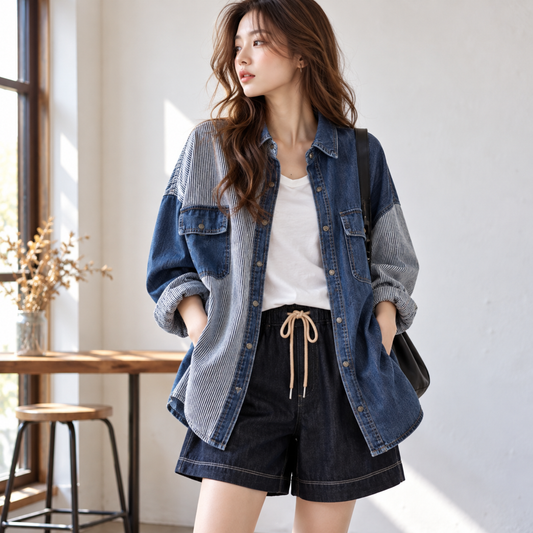 Stripe Patchwork Denim Shirt D0292