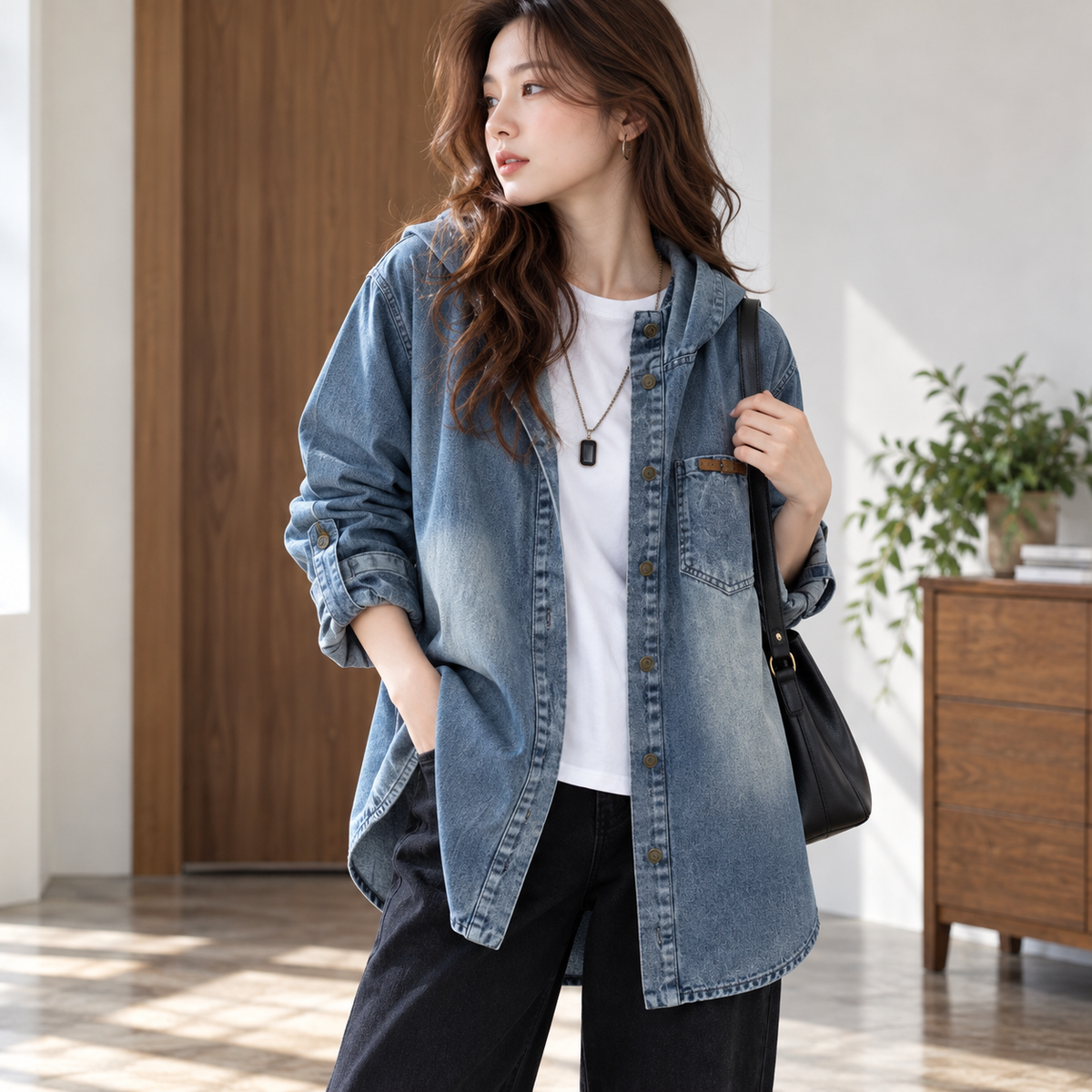 Plus-size hooded denim jacket D0283