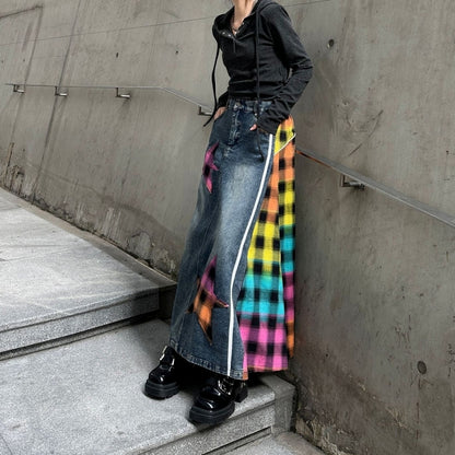Check & Denim long skirt D0123
