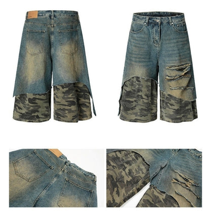 Camouflage pattern cropped wide denim jeans D0100