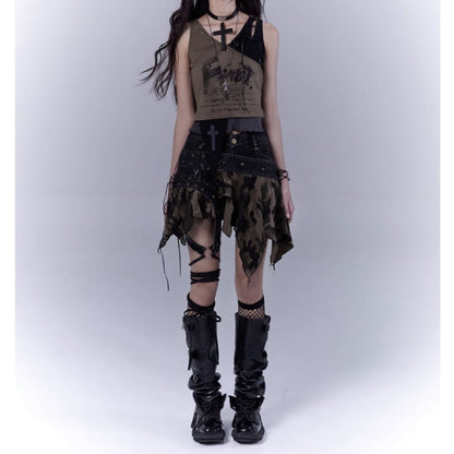 Irregular hem camouflage skirt E7031