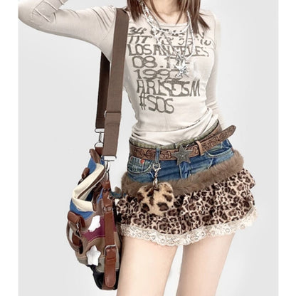 Denim & Leopard Mini Skirt E7038