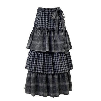 Tiered long check skirt E7030