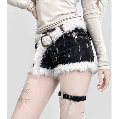 Fluffy denim shorts E7008