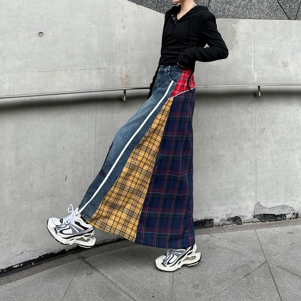 Check & Denim long skirt D0123