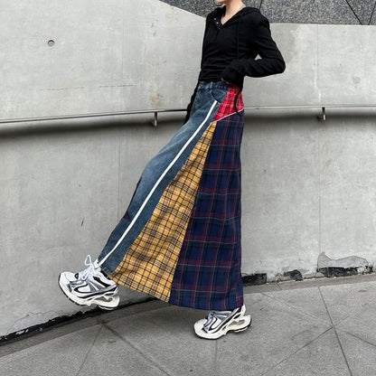 Check & Denim long skirt D0123