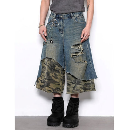 Camouflage pattern cropped wide denim jeans D0100
