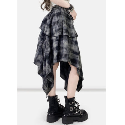 Irregular hem check skirt E7020