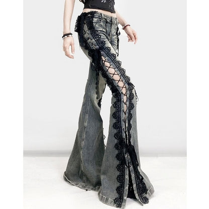 Side lace up flare denim jeans E7003