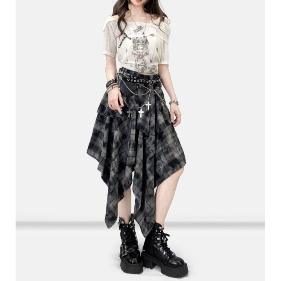 Irregular hem check skirt E7020