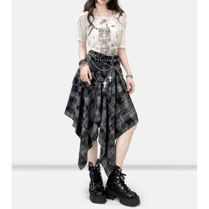 Irregular hem check skirt E7020