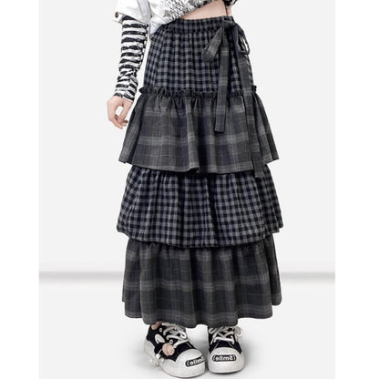 Tiered long check skirt E7030