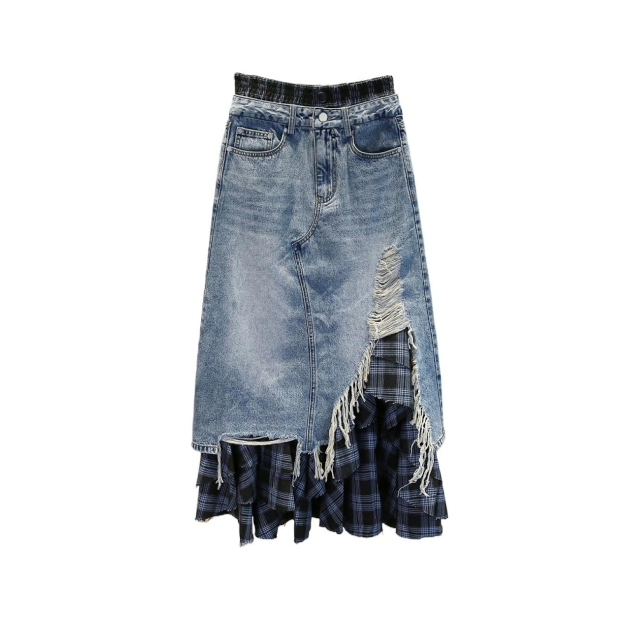 High Waist Plaid Denim Skirt D0056