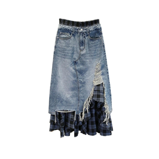 High Waist Plaid Denim Skirt D0056
