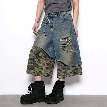 Camouflage pattern cropped wide denim jeans D0100