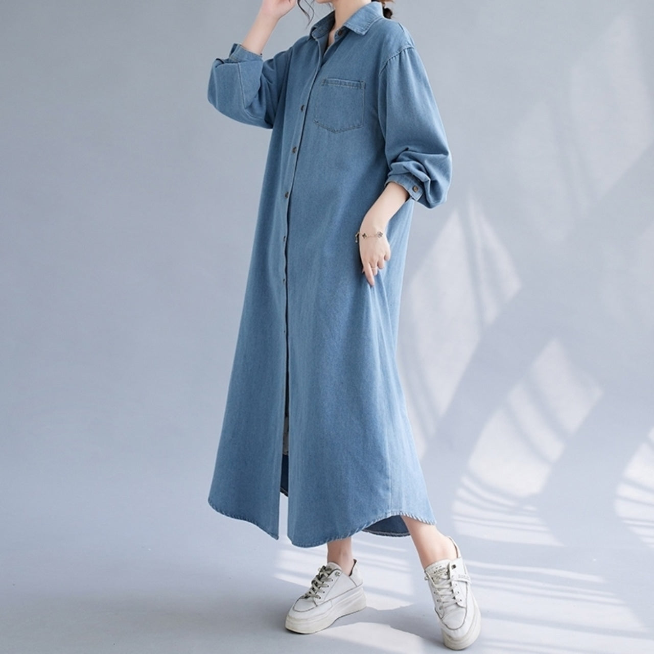 Long denim shirt one piece D0076