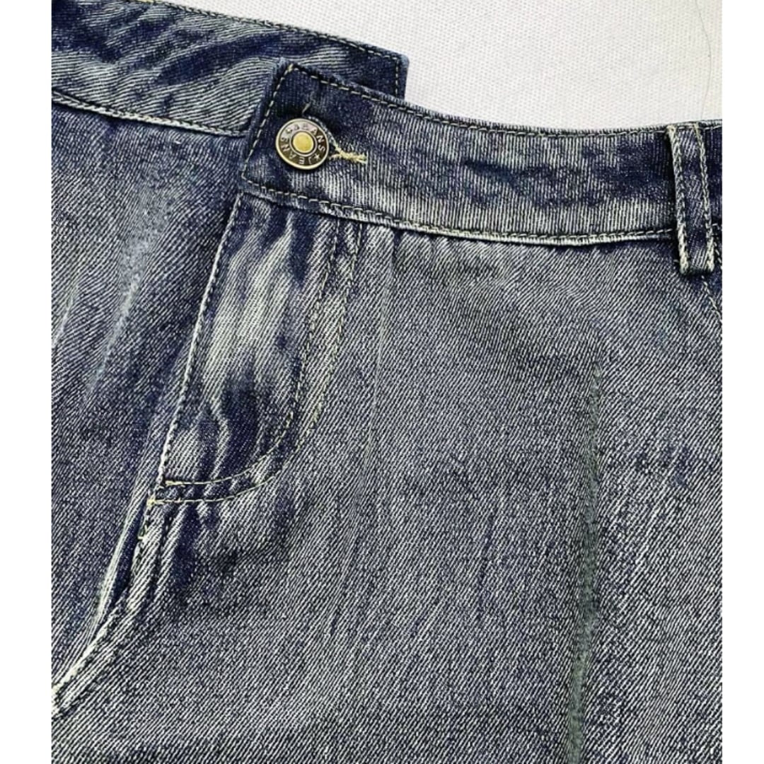 Denim & check long skirt E7024