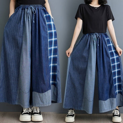 Patchwork wide denim pants D0019