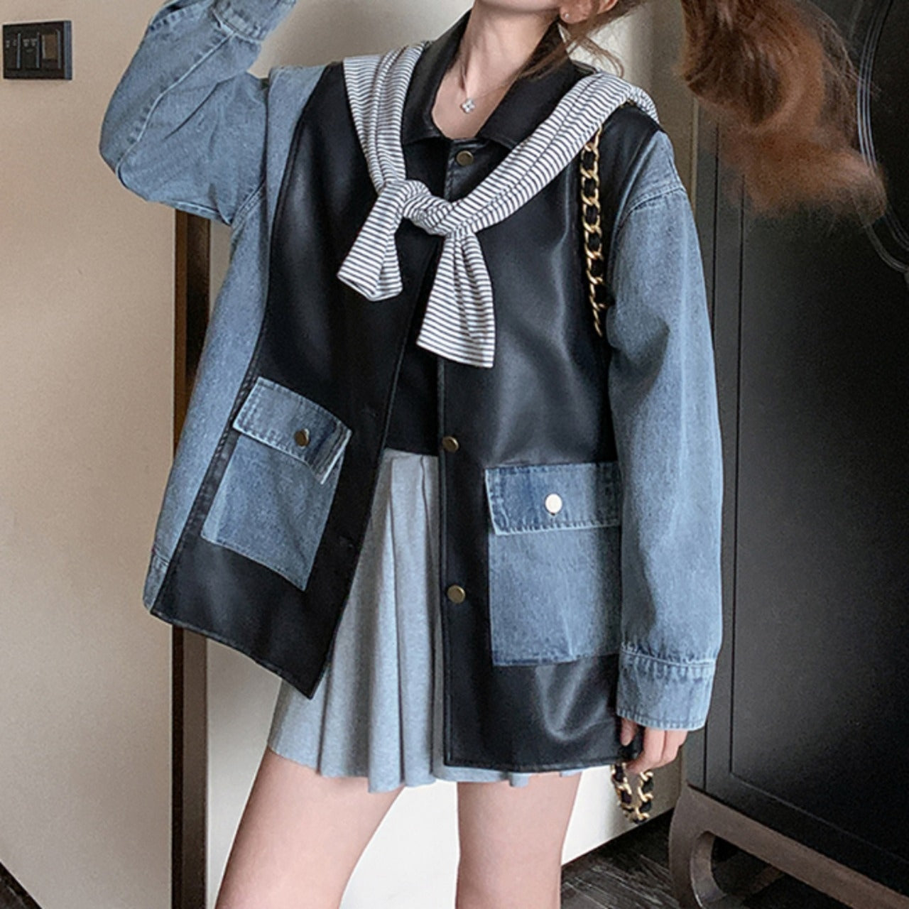 Different material mix denim jacket D0097