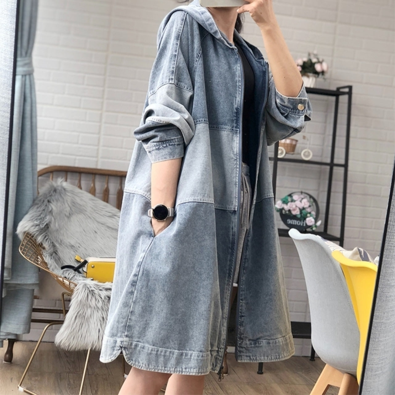Bicolor hooded denim jacket D0080