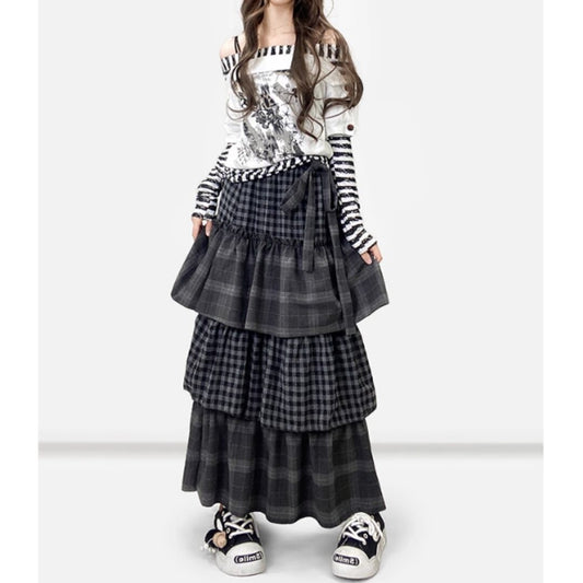Tiered long check skirt E7030