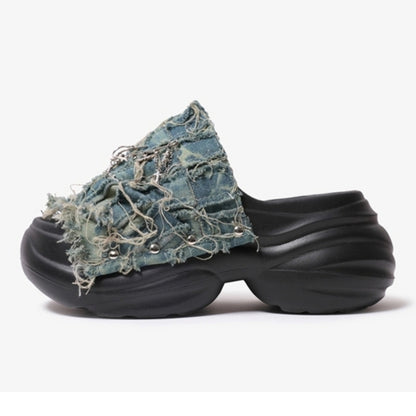 Asymmetric design denim sandals D0104