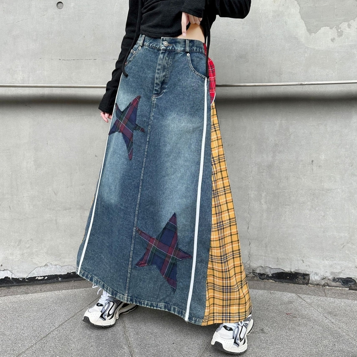 Check & Denim long skirt D0123