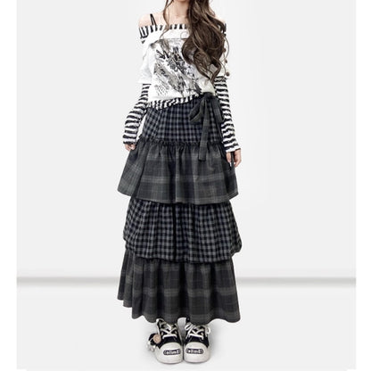 Tiered long check skirt E7030