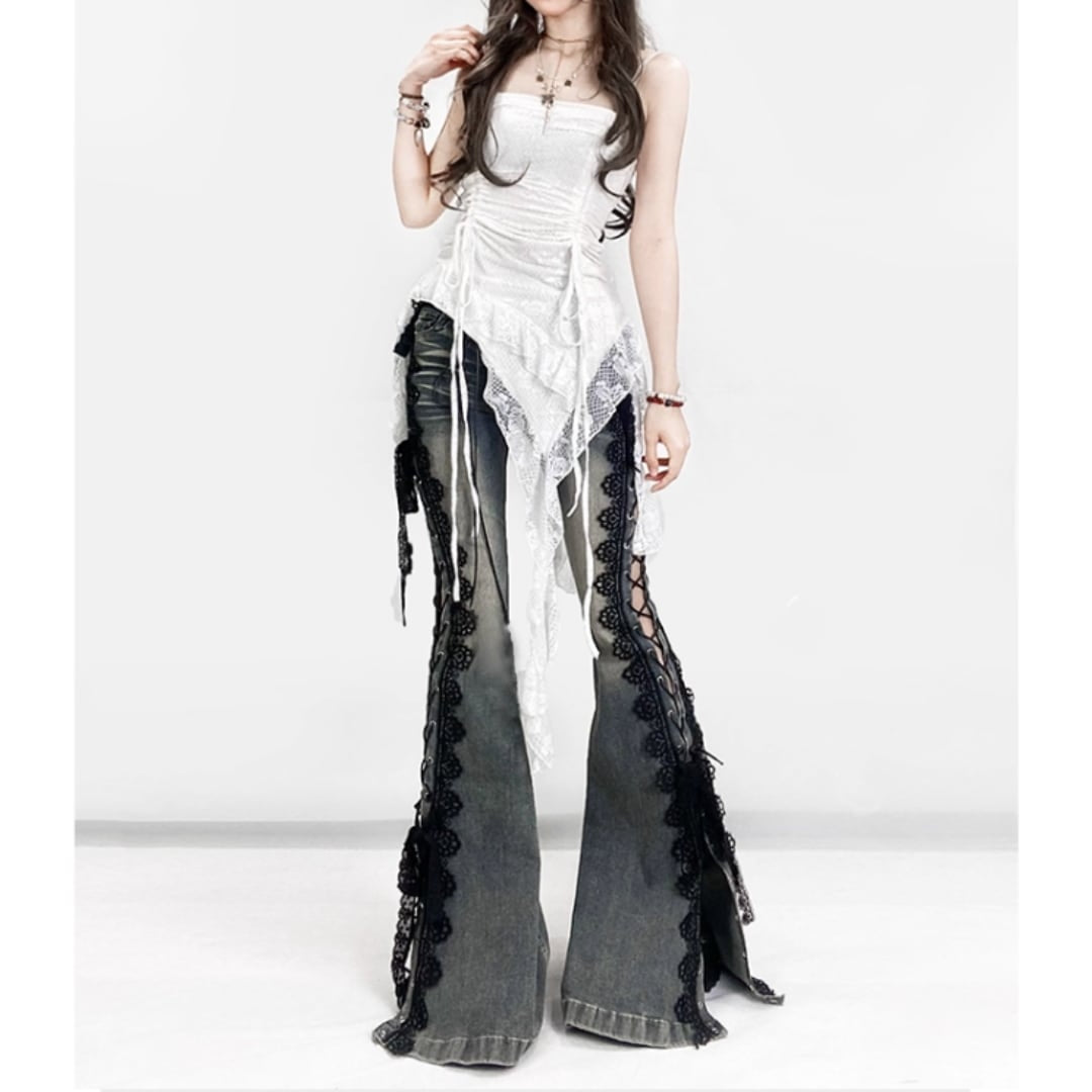 Side lace up flare denim jeans E7003