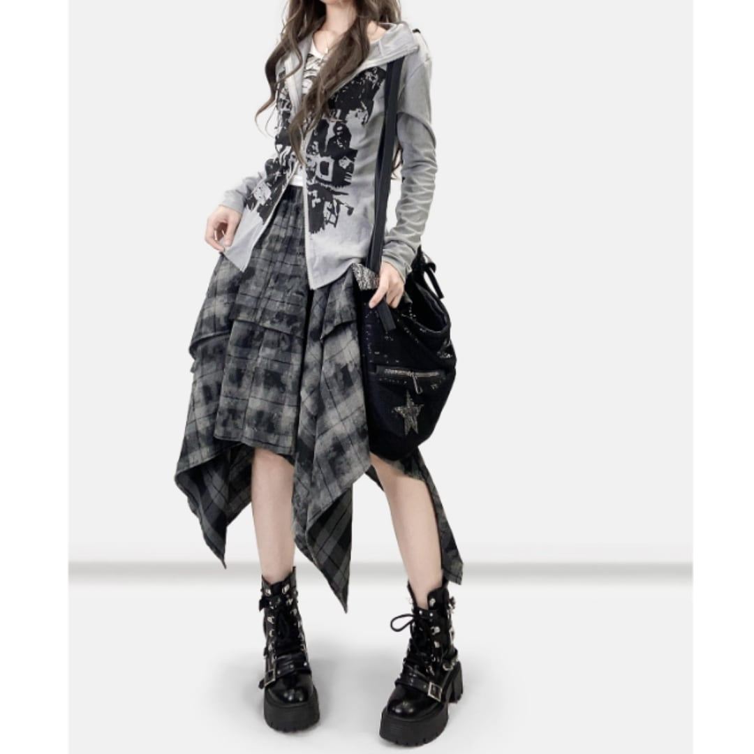 Irregular hem check skirt E7020