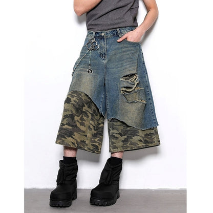 Camouflage pattern cropped wide denim jeans D0100