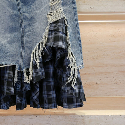 High Waist Plaid Denim Skirt D0056
