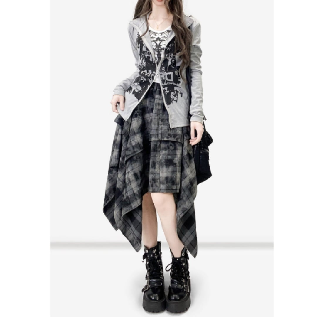 Irregular hem check skirt E7020