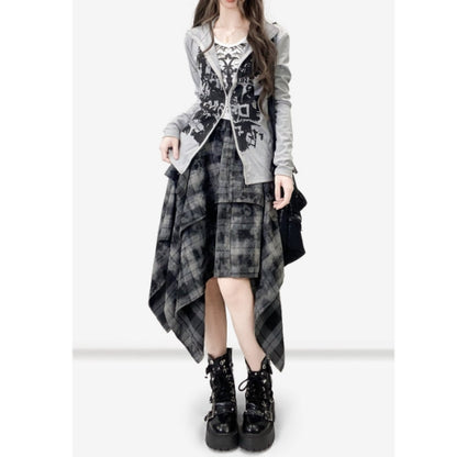 Irregular hem check skirt E7020