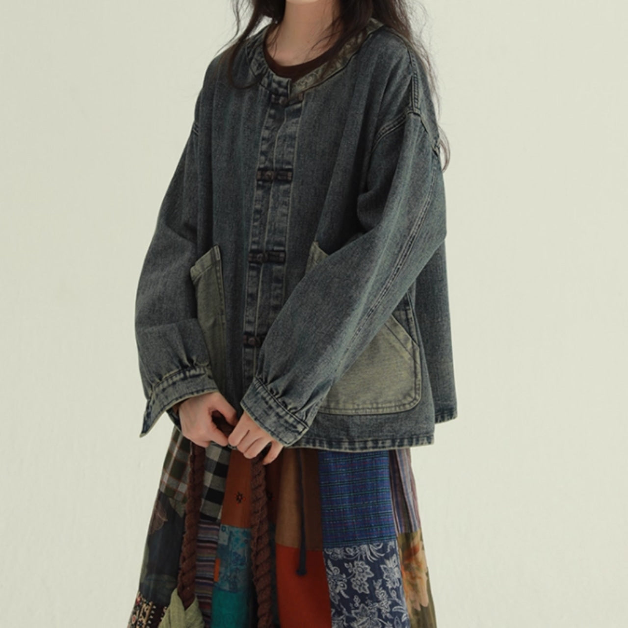 Collarless denim jacket D0085