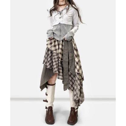 Irregular hem check skirt E7010