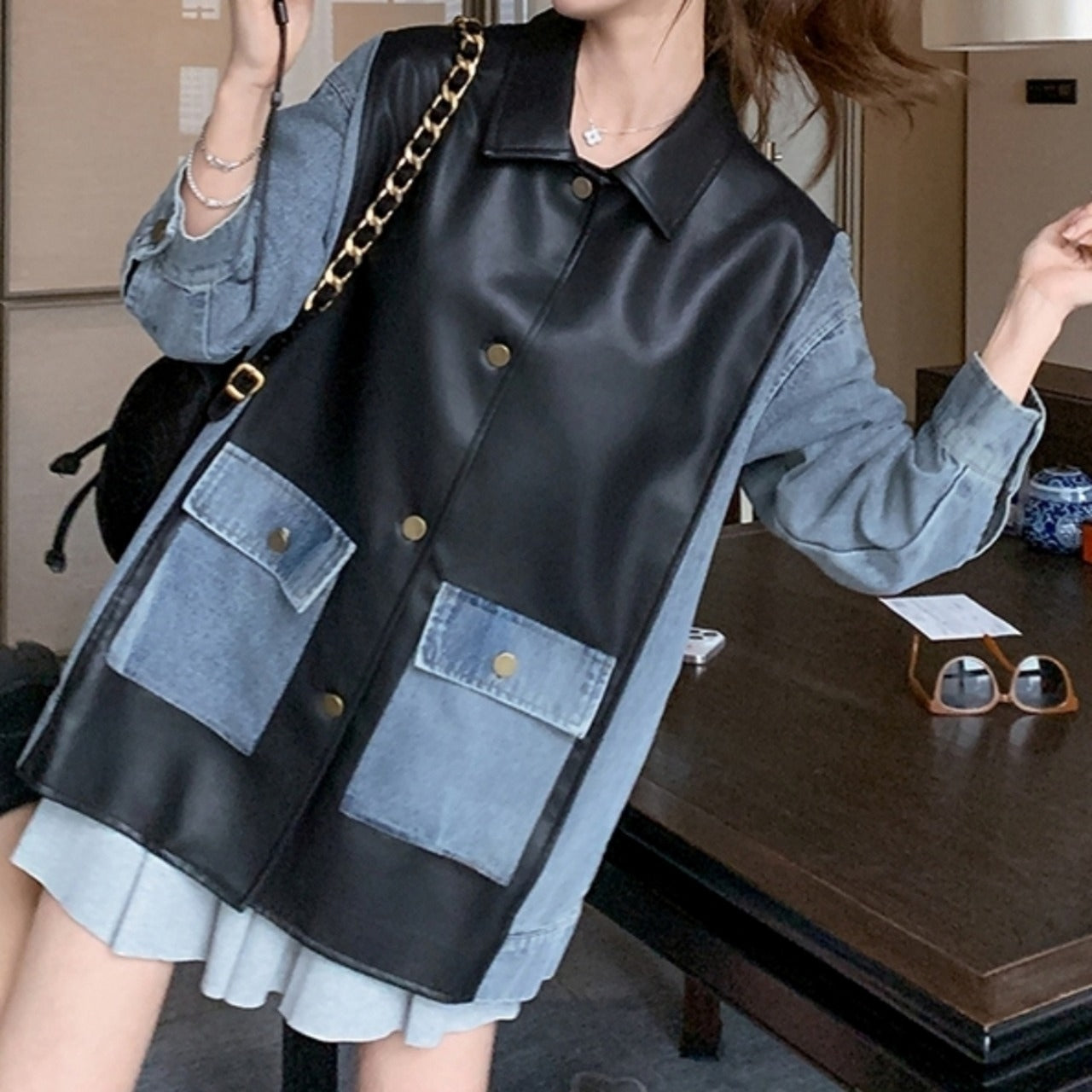 Different material mix denim jacket D0097