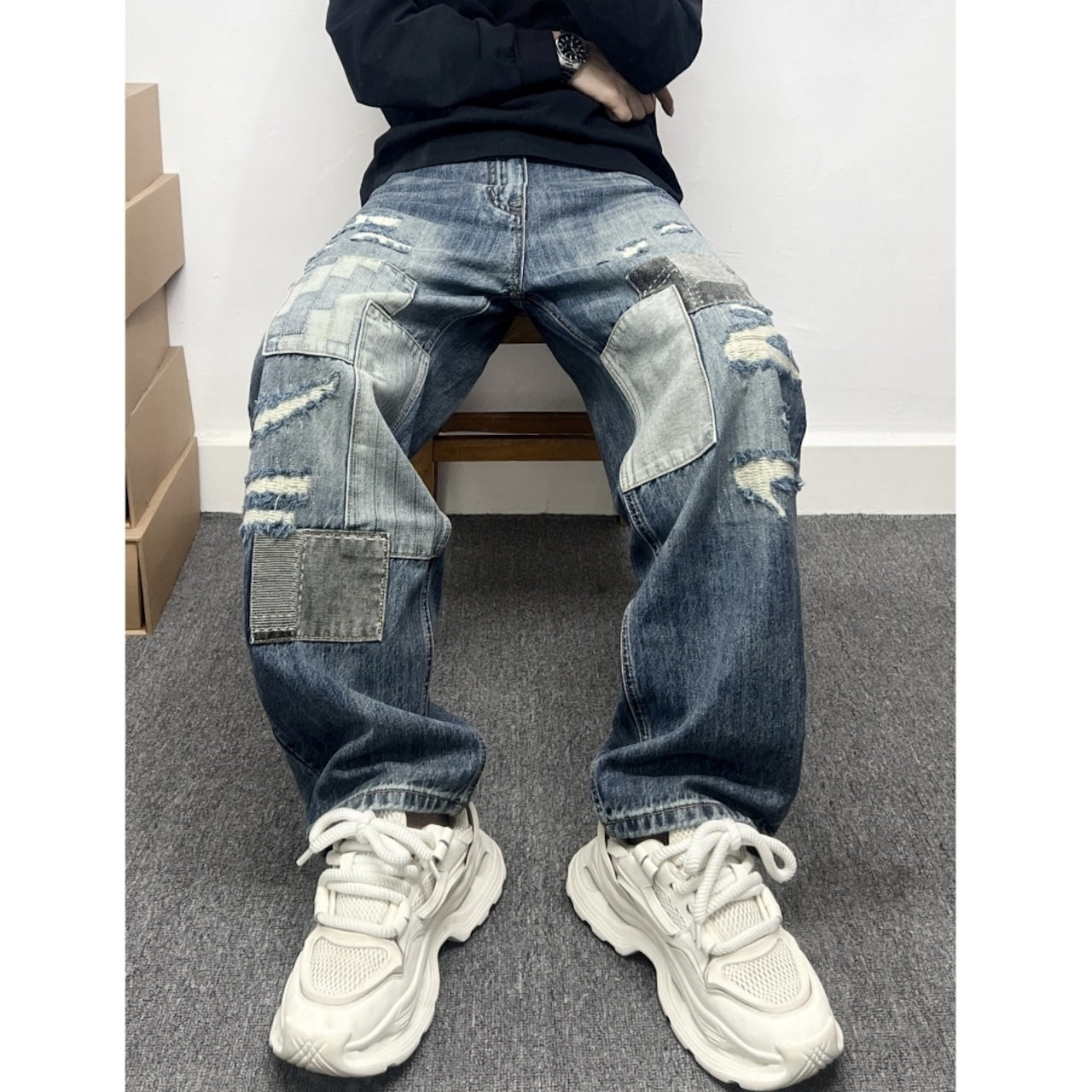 Damaged design denim jeans D0093