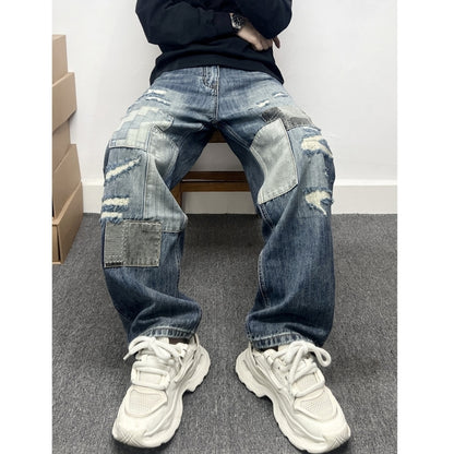 Damaged design denim jeans D0093