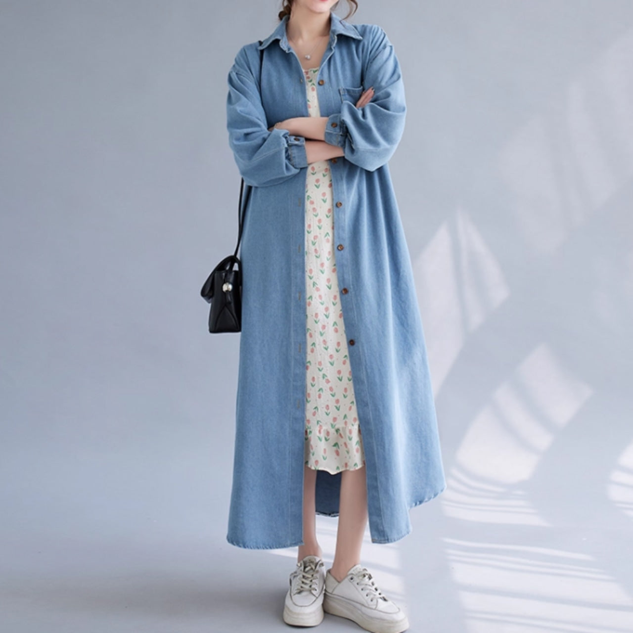 Long denim shirt one piece D0076