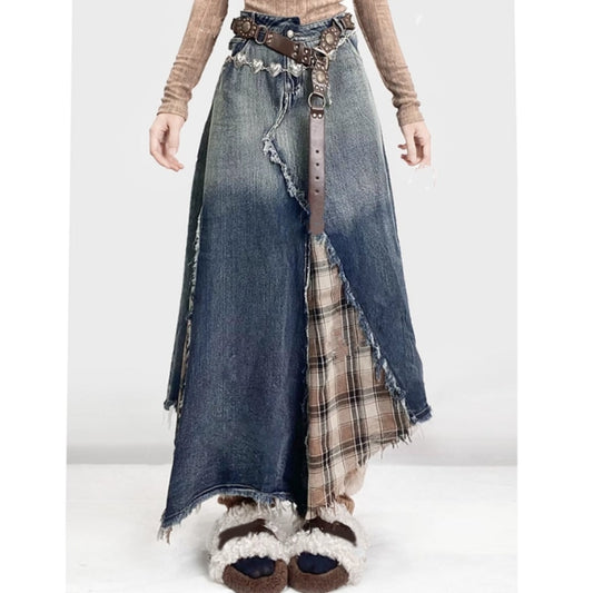 Denim & check long skirt E7024