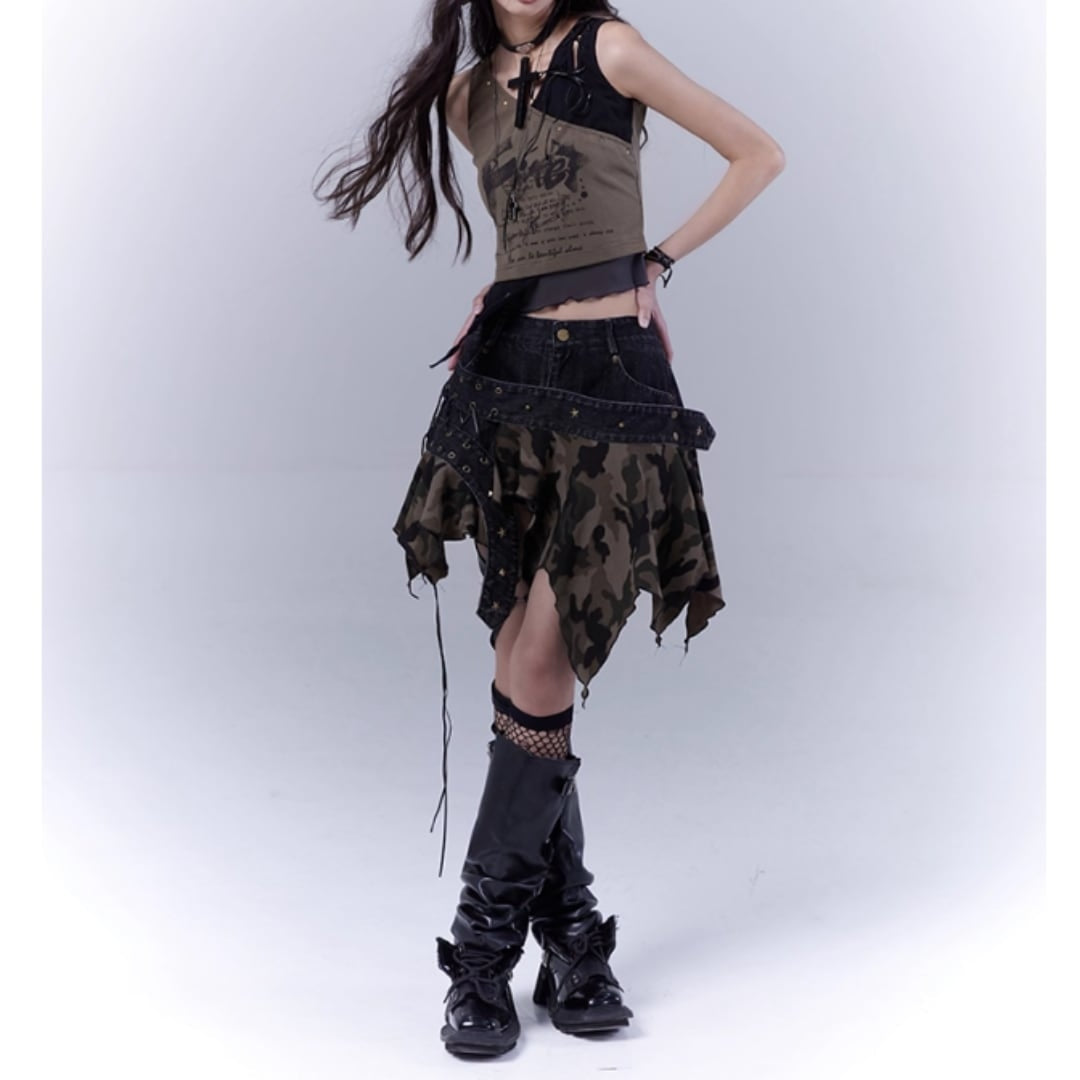 Irregular hem camouflage skirt E7031
