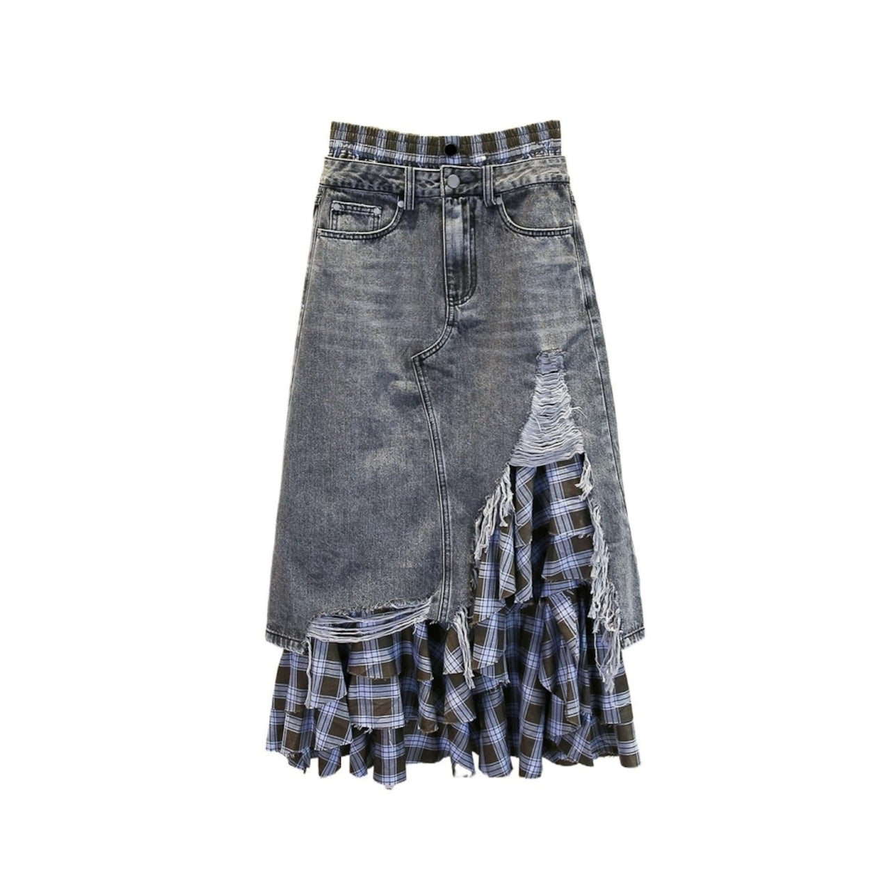 High Waist Plaid Denim Skirt D0056